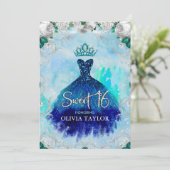 Elegant blue aqua floral glitter zoet 16 inv kaart (Staand voorkant)