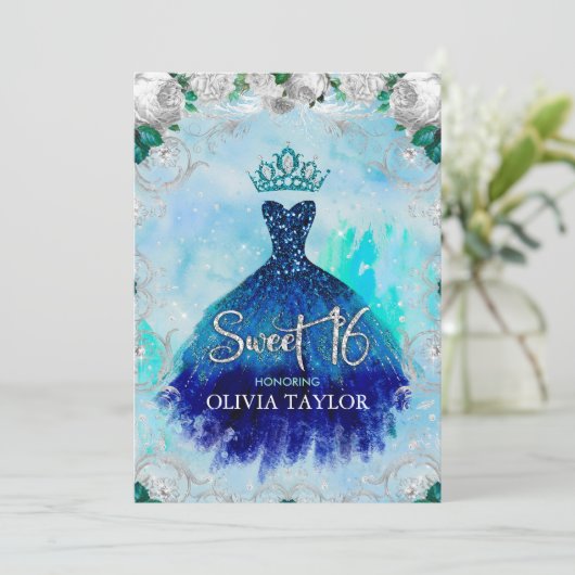 Elegant blue aqua floral glitter zoet 16 inv kaart (Staand voorkant)