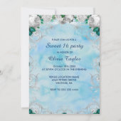 Elegant blue aqua floral glitter zoet 16 inv kaart (Achterkant)