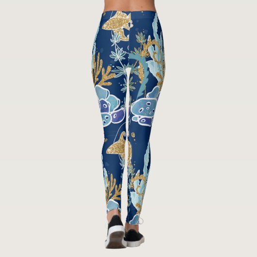 Elegant Blue Aqua Turquoise Gold Glitter Ocean Leggings (Achterkant)