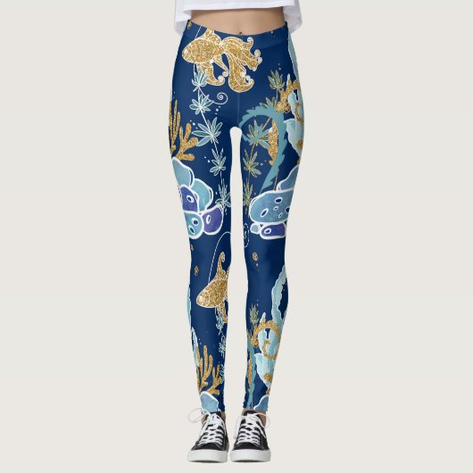 Elegant Blue Aqua Turquoise Gold Glitter Ocean Leggings (Voorkant)