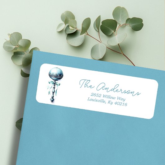 Elegant Blue Baby Rattle Boy Baby shower Adres Etiket