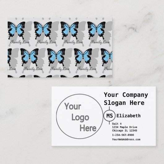 Elegant Blue Backed Butterfly Shadow Monogram Visitekaartje (Voorkant / Achterkant)