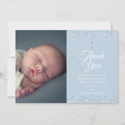 Elegant Blue Baptism Christening Hearts Foto Bedankkaart (Voorkant)
