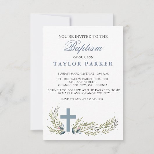Elegant Blue Baptism/Christening Invitation Kaart (Voorkant)