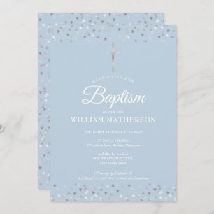 Elegant Blue Baptism Christening Silver Hearts Kaart