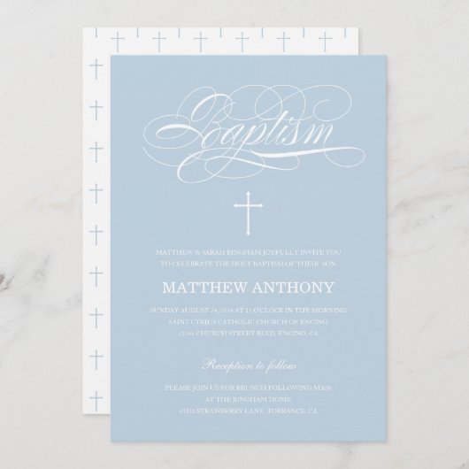 Elegant Blue Baptism Invitation | Christening Kaart (Voorkant / Achterkant)