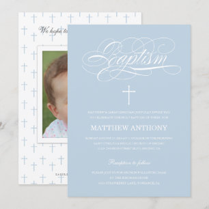 Elegant Blue Baptism Invitation Christening Kaart