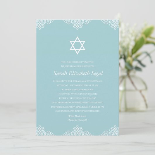 Elegant Blue Bat Mitzvah Kaart (Staand voorkant)