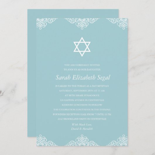 Elegant Blue Bat Mitzvah Kaart (Voorkant / Achterkant)