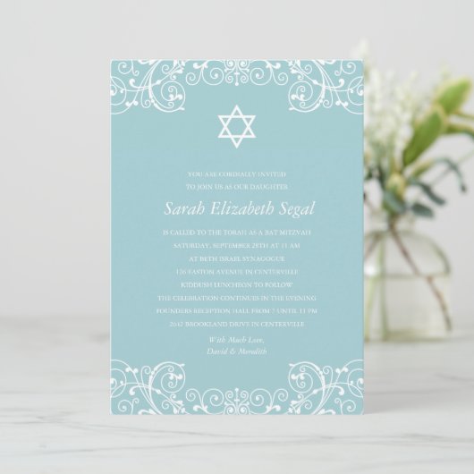  Elegant Blue Bat Mitzvah Kaart (Staand voorkant)