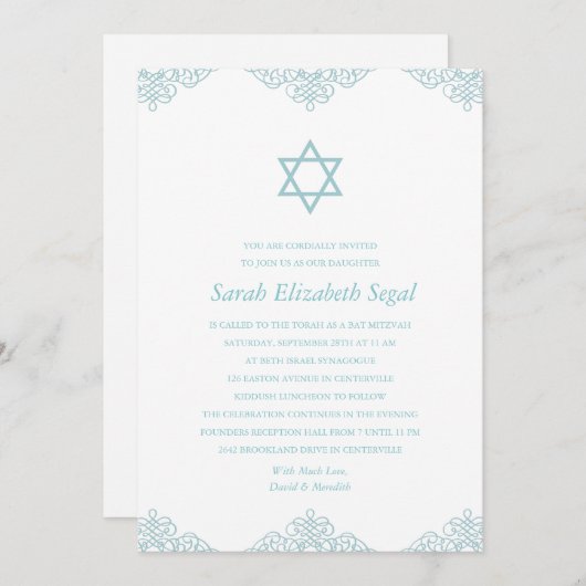 Elegant Blue Bat Mitzvah Kaart (Voorkant / Achterkant)