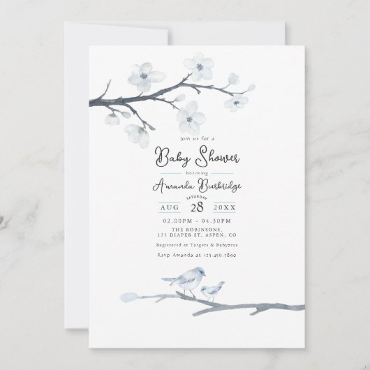Elegant Blue Bird en Cherry Blossom Baby shower Kaart (Voorkant)