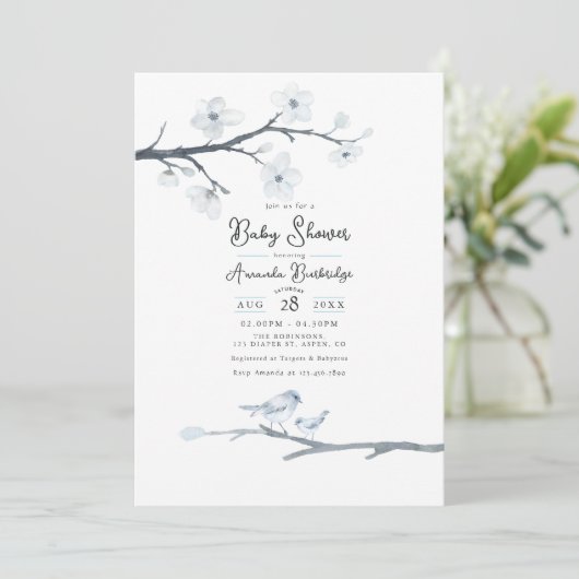 Elegant Blue Bird en Cherry Blossom Baby shower Kaart (Staand voorkant)