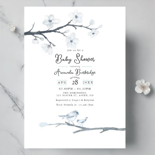 Elegant Blue Bird en Cherry Blossom Baby shower Kaart