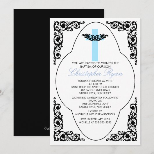 Elegant Blue & Black Baptism Invitation Kaart (Voorkant / Achterkant)