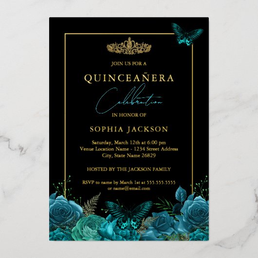 Elegant Blue Black Butterfly Foto Quinceanera Folie Uitnodiging (Voorkant)