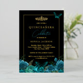 Elegant Blue Black Butterfly Foto Quinceanera Folie Uitnodiging (Staand Voorkant)