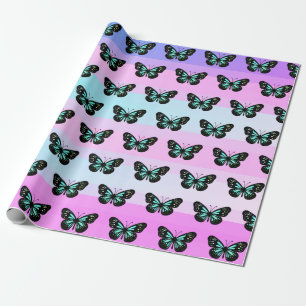 Elegant Blue & Black Butterfly Pattern Cadeaupapier