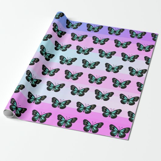 Elegant Blue & Black Butterfly Pattern Cadeaupapier (Uitgerold)