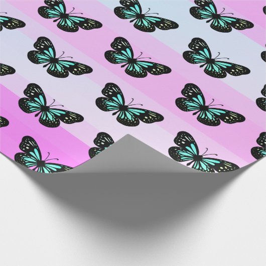 Elegant Blue & Black Butterfly Pattern Cadeaupapier (Hoek)