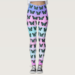 Elegant Blue & Black Butterfly Pattern Leggings