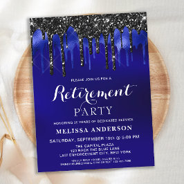 Elegant Blue Black Glitter Drift Retirement Party Aankondigingskaart