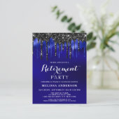 Elegant Blue Black Glitter Drift Retirement Party Briefkaart (Staand voorkant)
