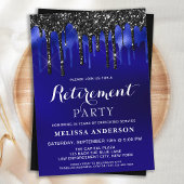 Elegant Blue Black Glitter Drift Retirement Party Kaart
