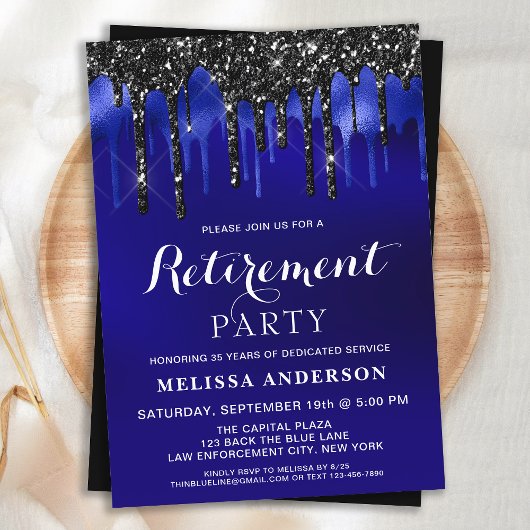 Elegant Blue Black Glitter Drift Retirement Party Kaart