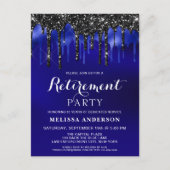 Elegant Blue Black Glitter Drift Retirement Party Uitnodiging Briefkaart (Voorkant)