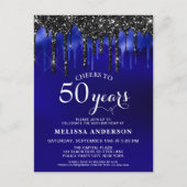 Elegant Blue Black Glitter Drips 50 Birthday Party Briefkaart (Voorkant)