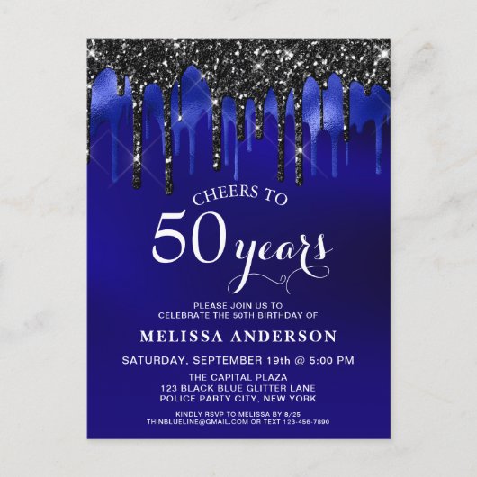 Elegant Blue Black Glitter Drips 50 Birthday Party Briefkaart (Voorkant)