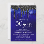 Elegant Blue Black Glitter Drips 50 Birthday Party Kaart (Voorkant)