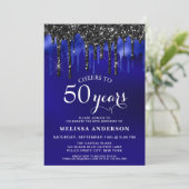 Elegant Blue Black Glitter Drips 50 Birthday Party Kaart (Staand voorkant)