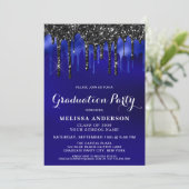 Elegant Blue Black Glitter Drips GraduPartij Kaart (Staand voorkant)