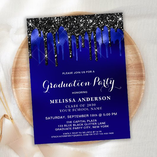 Elegant Blue Black Glitter Drips GraduPartij Uitnodiging Briefkaart