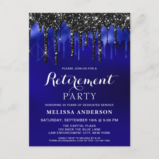 Elegant Blue Black Glitter Retirement Party Invite Uitnodiging Briefkaart (Voorkant)
