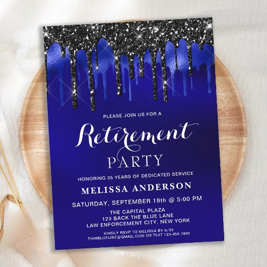Elegant Blue Black Glitter Retirement Party Invite Uitnodiging Briefkaart