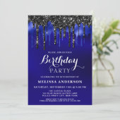 Elegant Blue Black Glitter schrijft op feestdag Kaart (Staand voorkant)