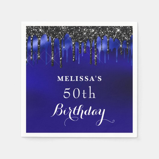 Elegant Blue Black Glitter schrijft op feestdag Servet (Voorkant)
