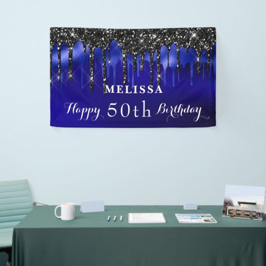 Elegant Blue Black Glitter schrijft op feestdag Spandoek (Beurs)