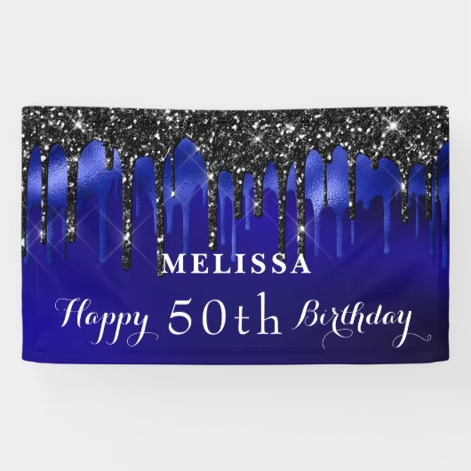 Elegant Blue Black Glitter schrijft op feestdag Spandoek (Horizontaal)