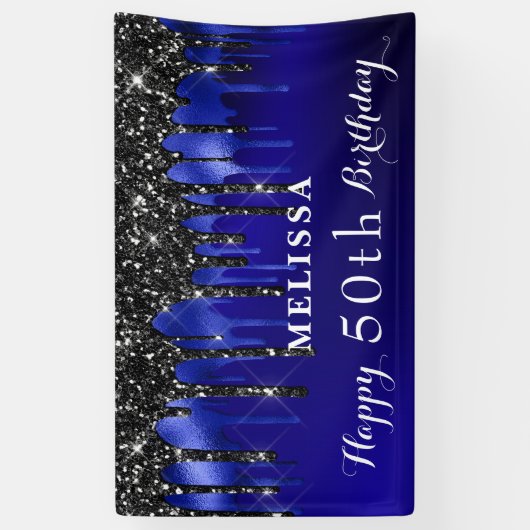 Elegant Blue Black Glitter schrijft op feestdag Spandoek (Verticaal)
