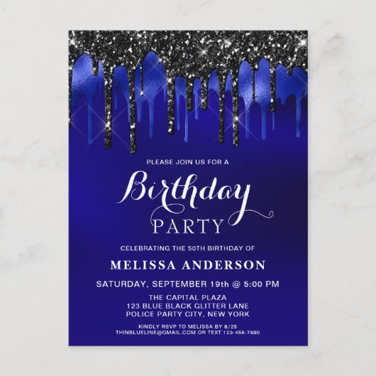 Elegant Blue Black Glitter schrijft op feestdag Uitnodiging Briefkaart (Voorkant)