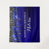 Elegant Blue Black Glitter schrijft op feestdag Wandkleed (Voorkant)