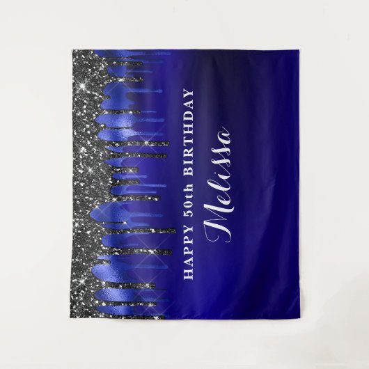 Elegant Blue Black Glitter schrijft op feestdag Wandkleed (Voorkant)