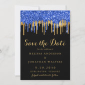 Elegant Blue Black Gold Glitter Drift Weddenschap Save The Date (Voorkant)
