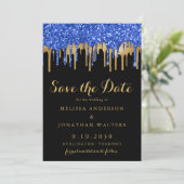Elegant Blue Black Gold Glitter Drift Weddenschap Save The Date (Staand voorkant)