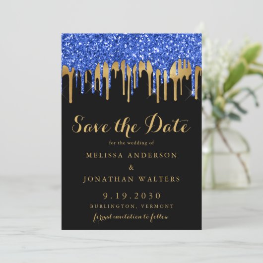 Elegant Blue Black Gold Glitter Drift Weddenschap Save The Date (Staand voorkant)